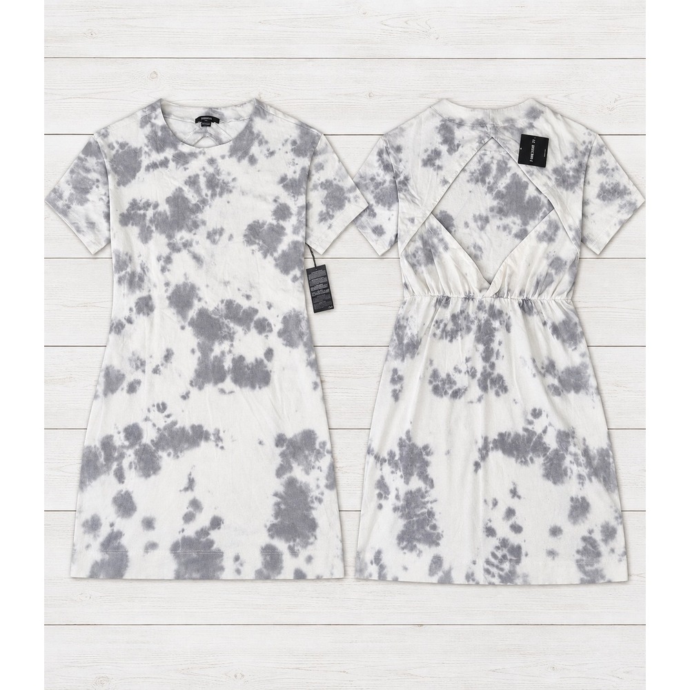 Forever 21 Tie Dye Open Back T-Shirt Dress Boho Grunge Casual White Grey Med NWT